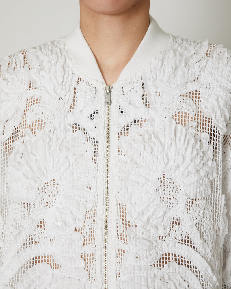 MESH EMBROIDERY ZIP BLOUSON WHITE