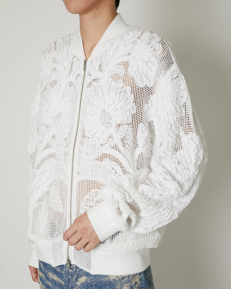 MESH EMBROIDERY ZIP BLOUSON WHITE
