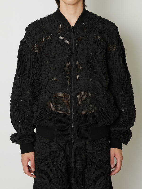 MESH EMBROIDERY ZIP BLOUSON BLACK
