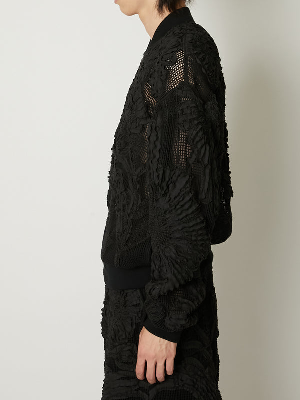MESH EMBROIDERY ZIP BLOUSON BLACK