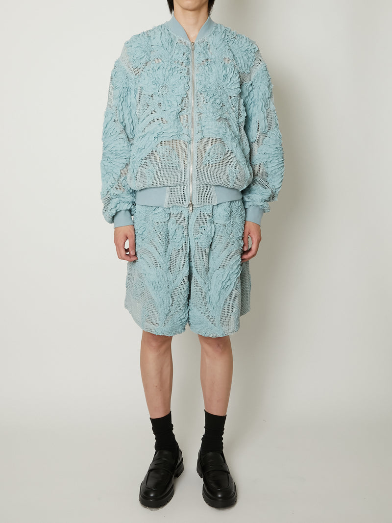 MESH EMBROIDERY ZIP BLOUSON BLUE