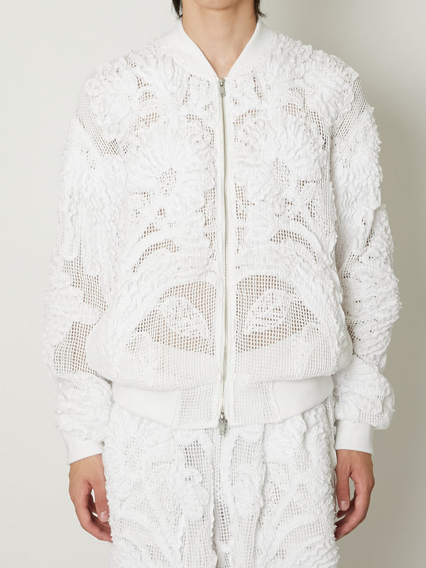MESH EMBROIDERY ZIP BLOUSON WHITE