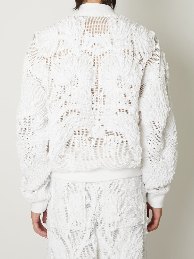 MESH EMBROIDERY ZIP BLOUSON WHITE