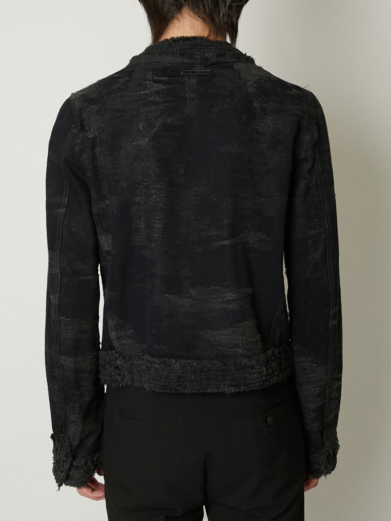 TAAKK DENIM COLLARLESS JACKET  BLACK BLEACH