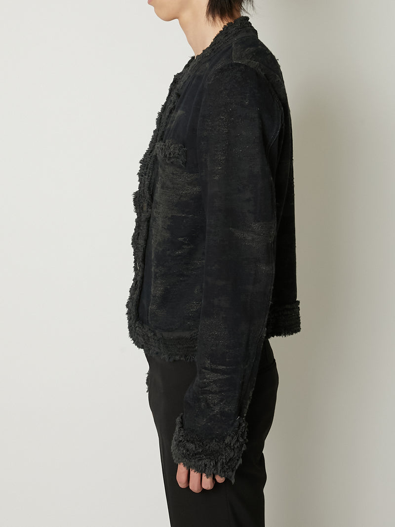 TAAKK DENIM COLLARLESS JACKET  BLACK BLEACH