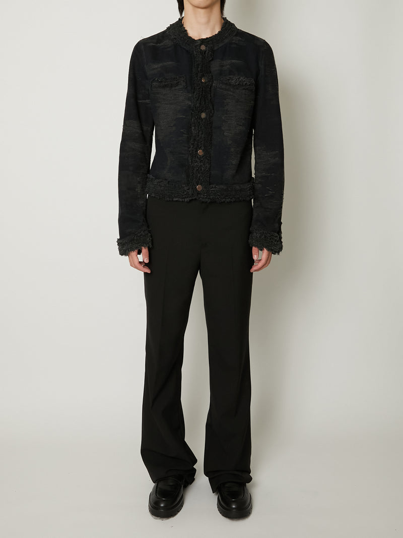 TAAKK DENIM COLLARLESS JACKET  BLACK BLEACH